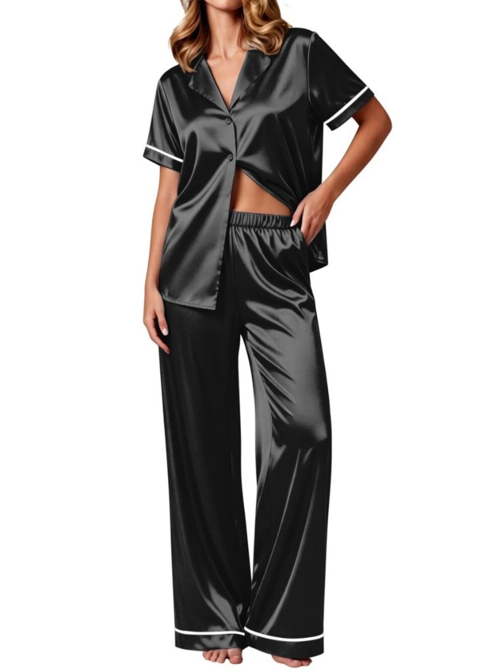 Women's Silk Pajamas Set Short Sleeve Pjs Button Down Lounge Set